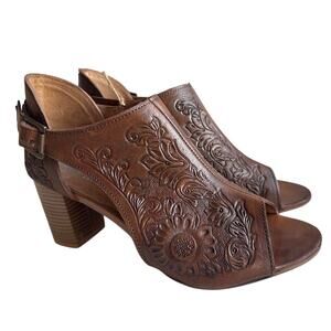 Roper Mika Mules Womens 10 Floral Tooled Leather Closed Back Buckle Peep Toe